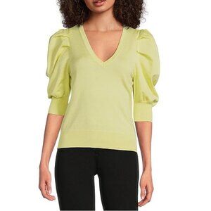 NWT DKNY lime lemon yellow puffed shoulder statement sleeve v-neck knit top, M
